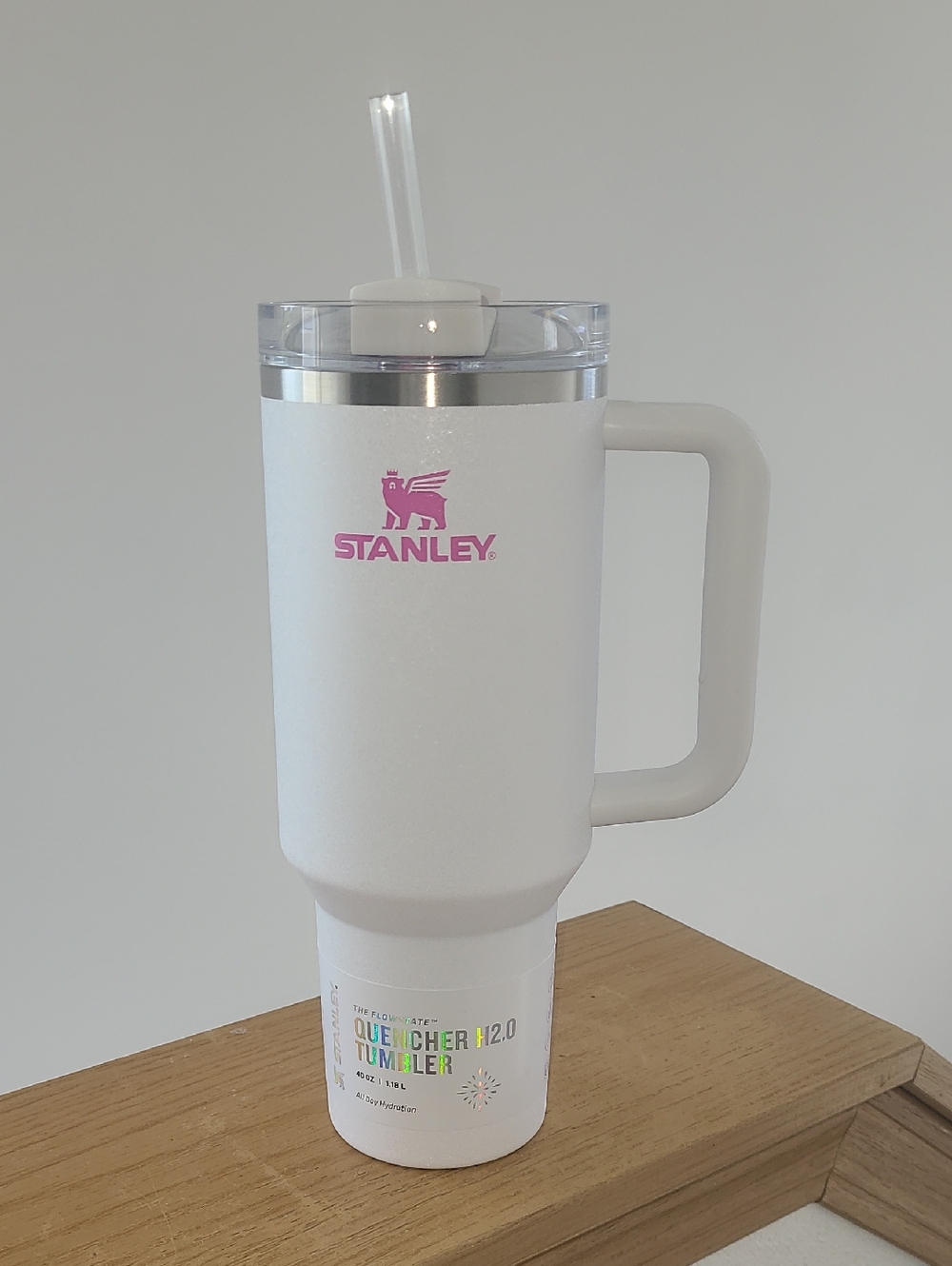 Stanley White Tumbler with Handle and Pink Logo Crystal Crush